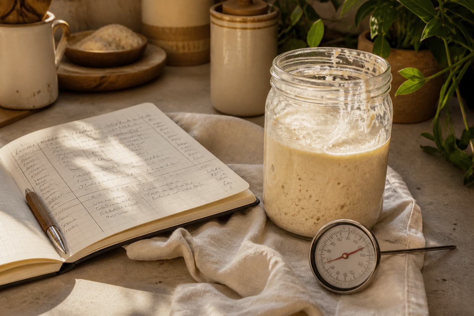 Sourdough starter at peak beside a proofing banneton and a kitchen thermometer