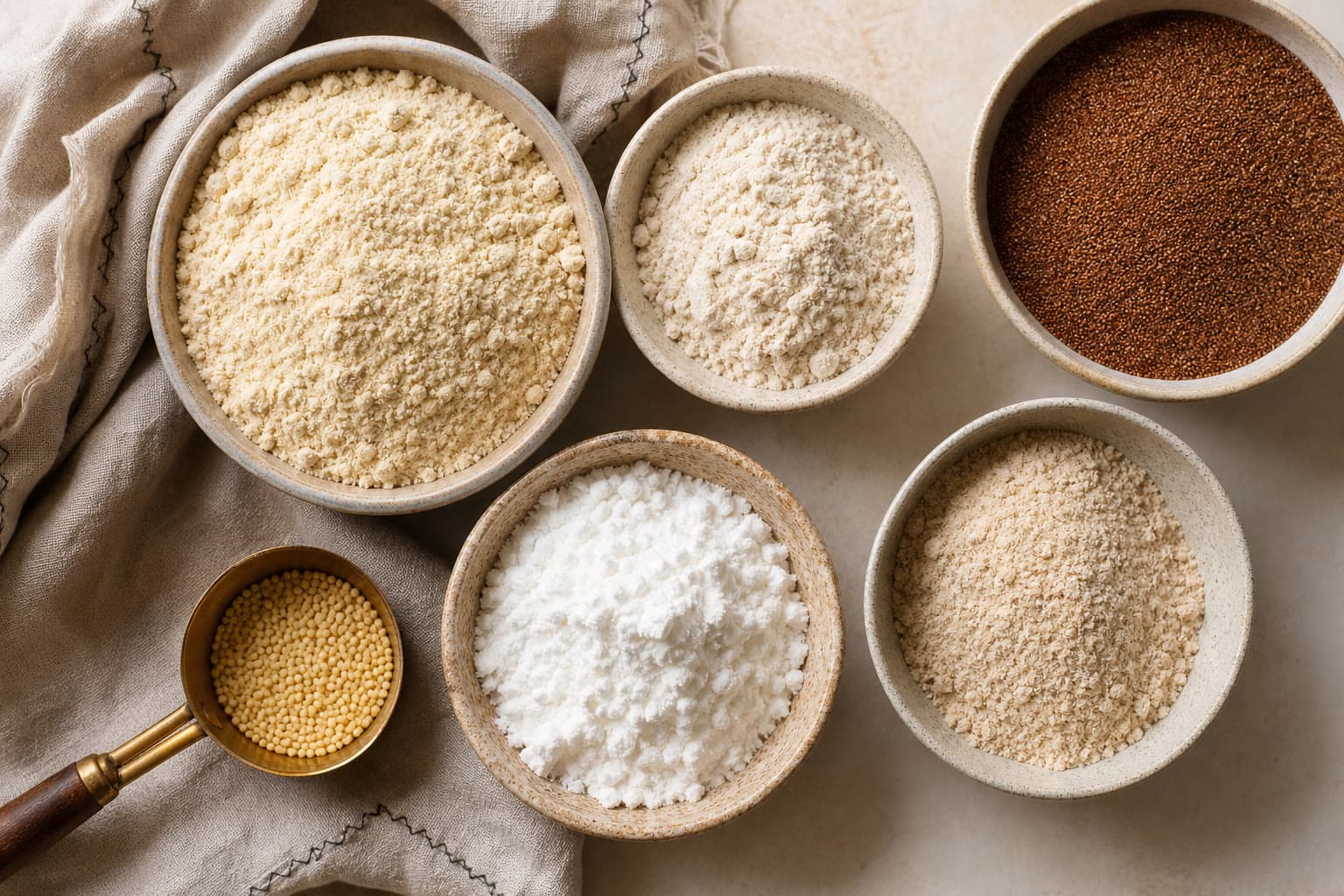Bowls of sorghum, brown rice, teff, buckwheat, tapioca, and potato starch on a wooden Indianapolis kitchen counter