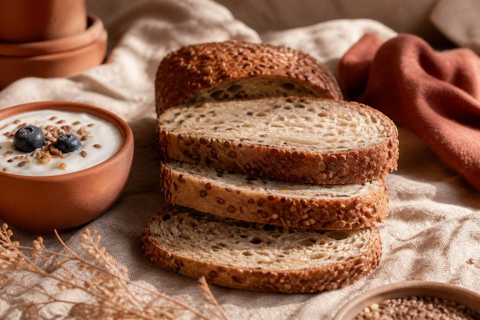 Sliced gluten-free sourdough with sorghum and teff grains on a linen tablecloth