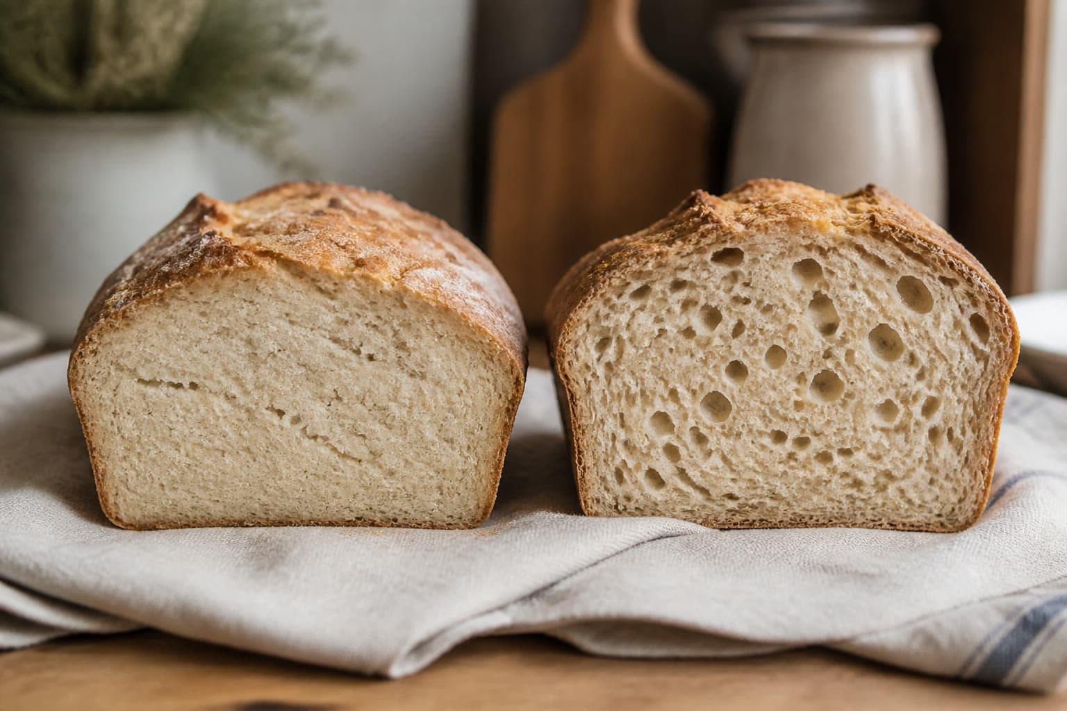 Sliced gluten-free sourdough showing crumb problems next to a well-baked loaf