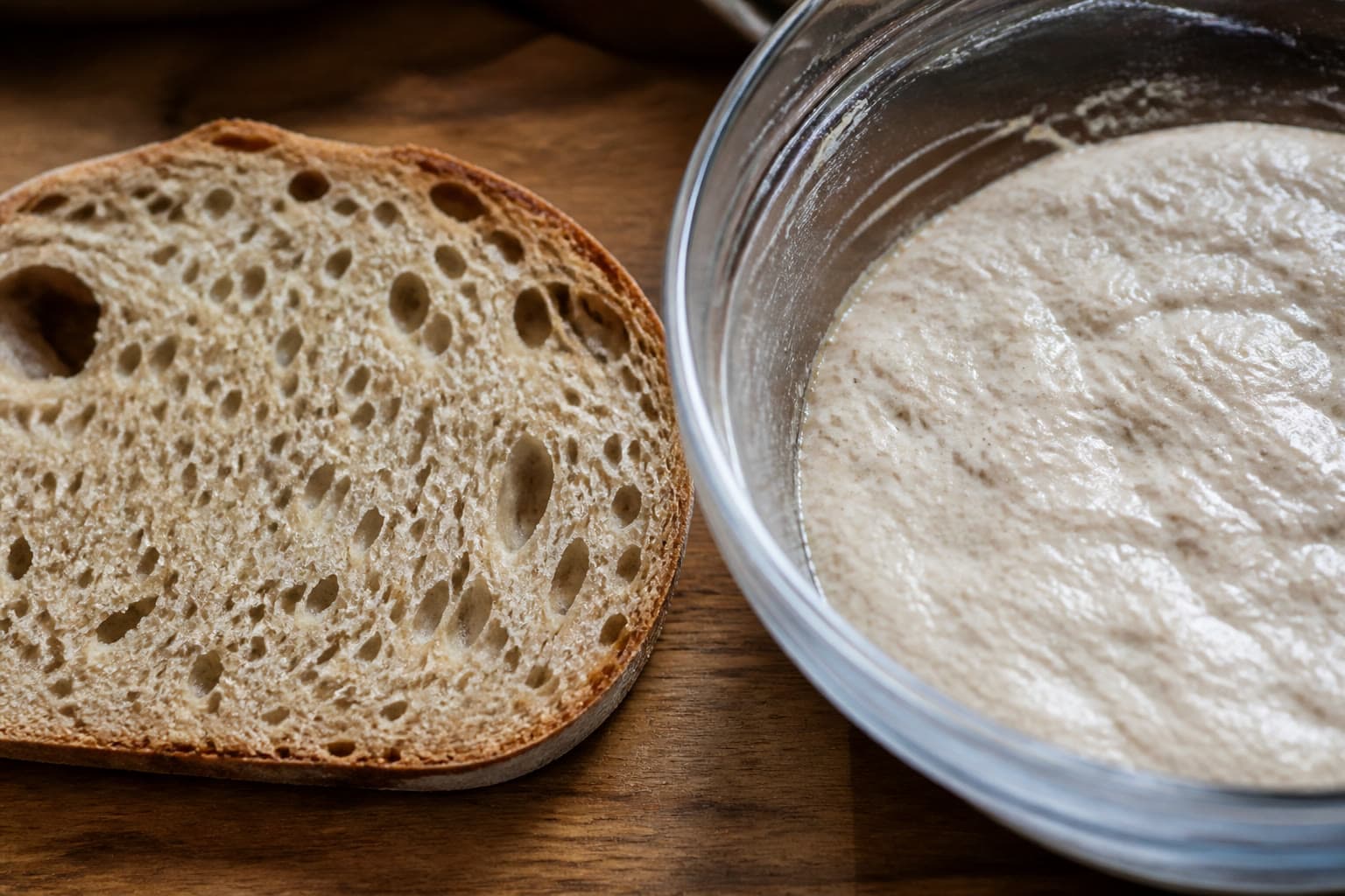 Glossy gluten-free sourdough dough in a bowl next to a sliced loaf with open crumb