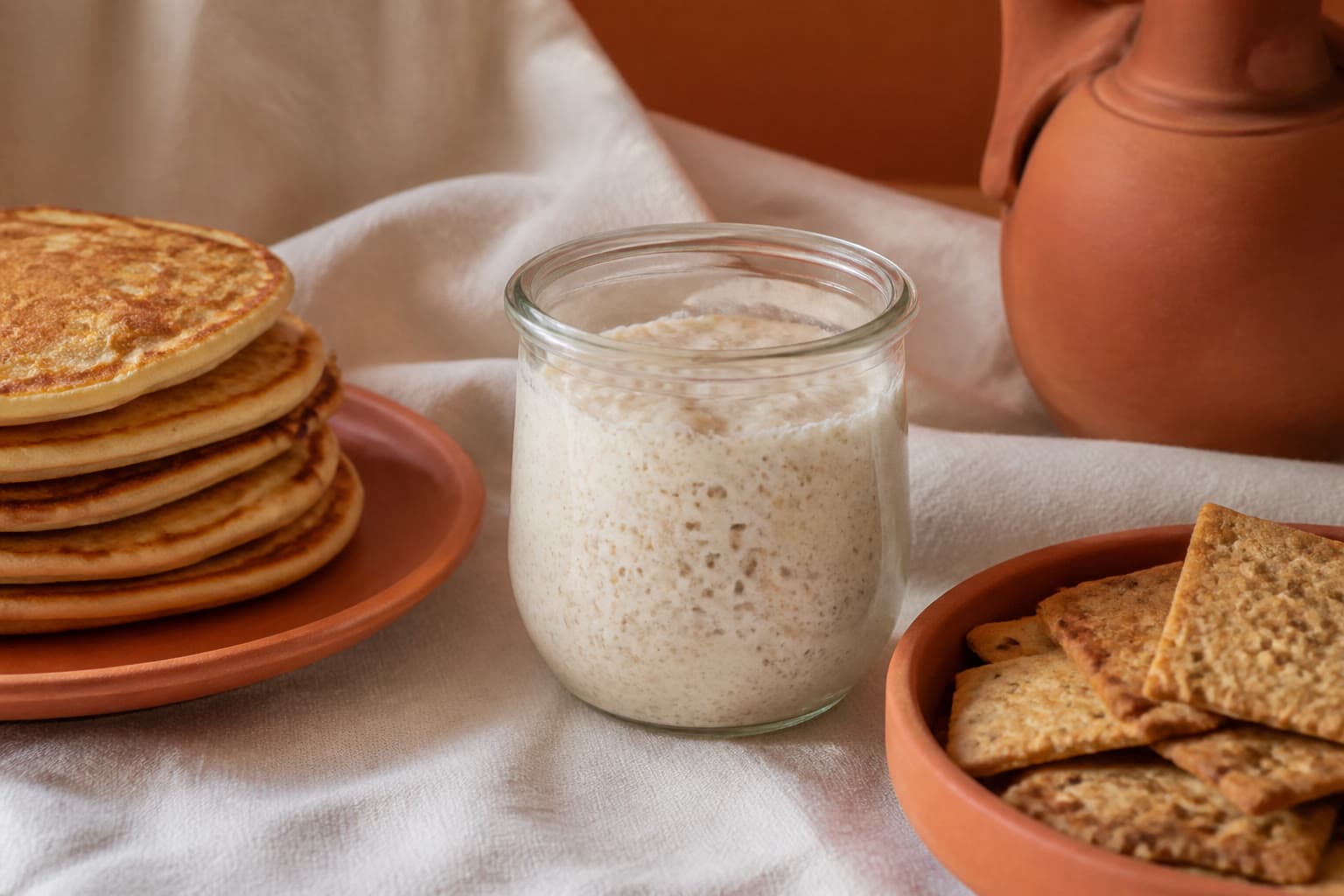 Jar of gluten-free sourdough discard beside pancakes on a weekend breakfast table