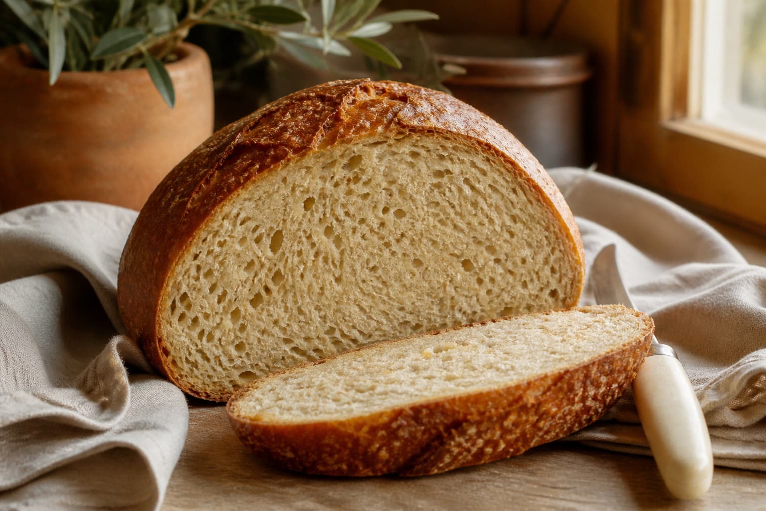 Beginner gluten-free country sourdough loaf sliced to show an even tan crumb