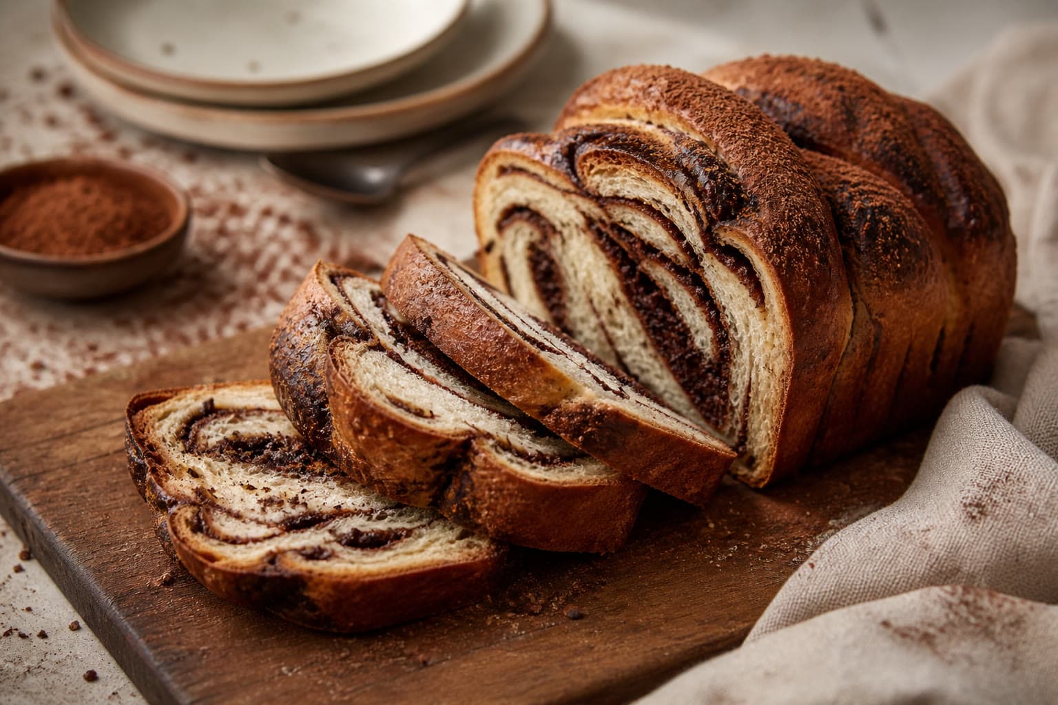 Sliced gluten-free chocolate sourdough babka showing a dark swirl