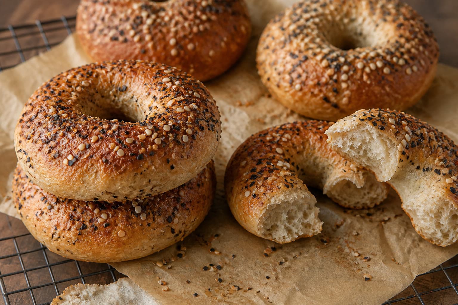 Gluten-free sourdough bagels with sesame and everything toppings on a cooling rack
