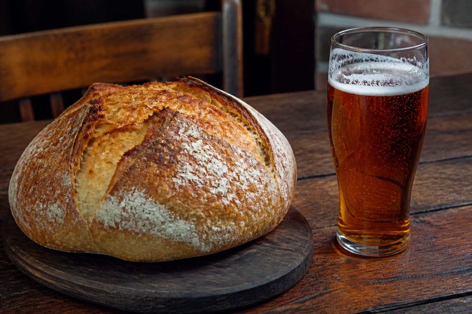 Crusty gluten-free sourdough loaf baked with certified gluten-free beer