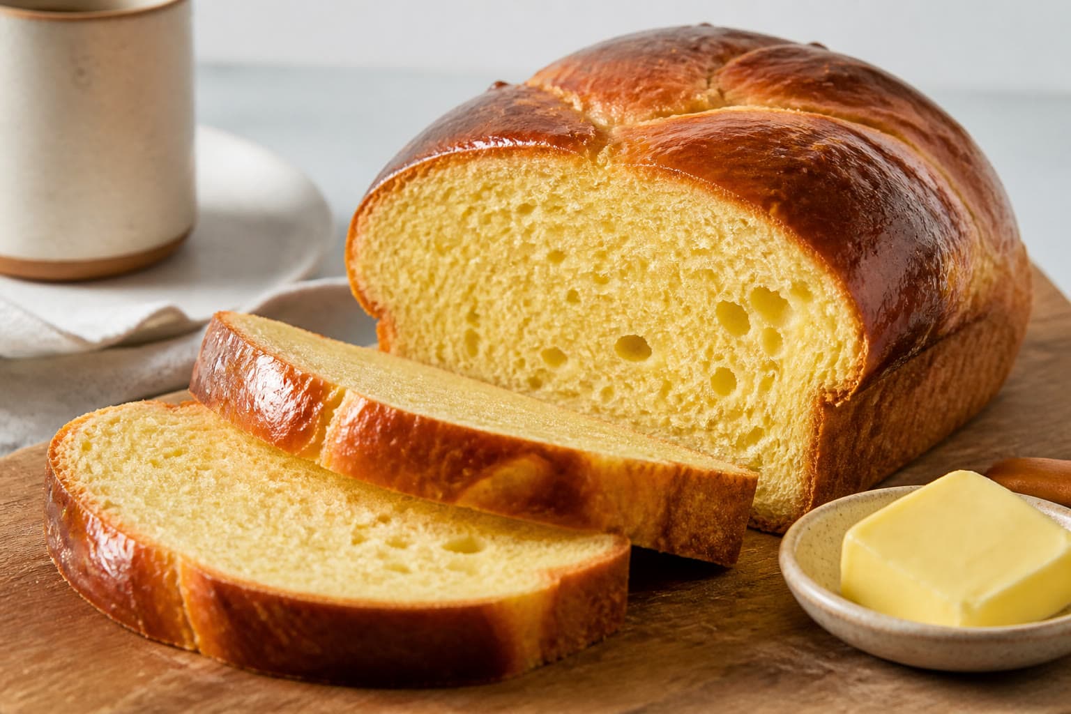 Sliced golden gluten-free sourdough brioche with a yellow crumb