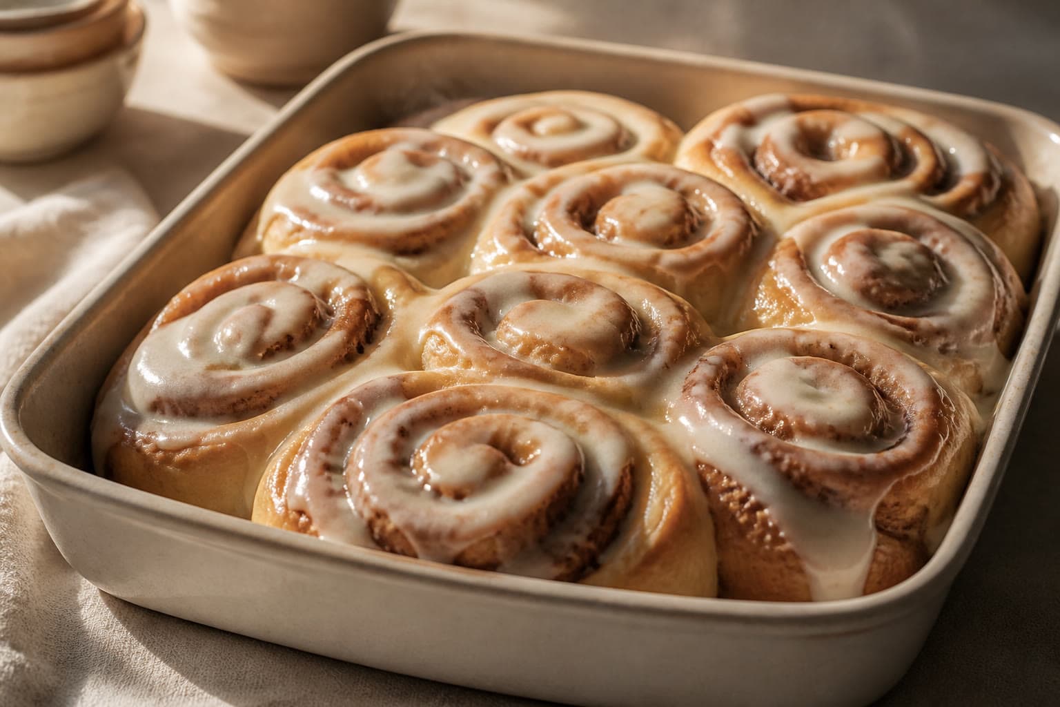 Pan of gluten-free sourdough cinnamon rolls with cream cheese icing