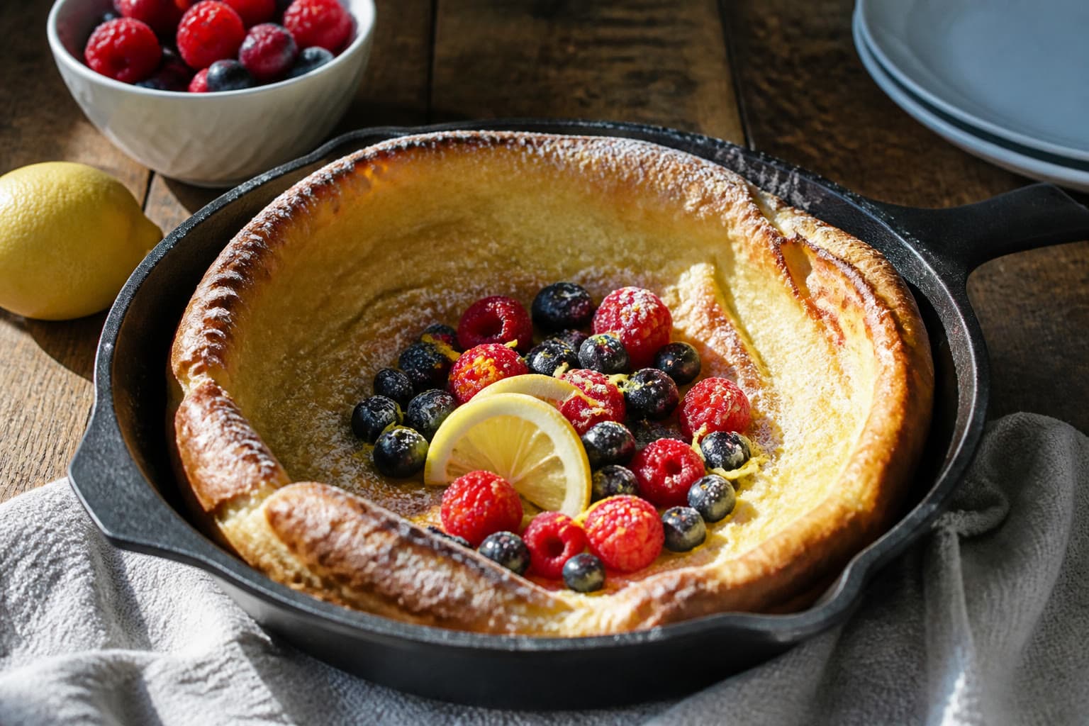 Puffed gluten-free sourdough Dutch baby in a cast-iron skillet with lemon
