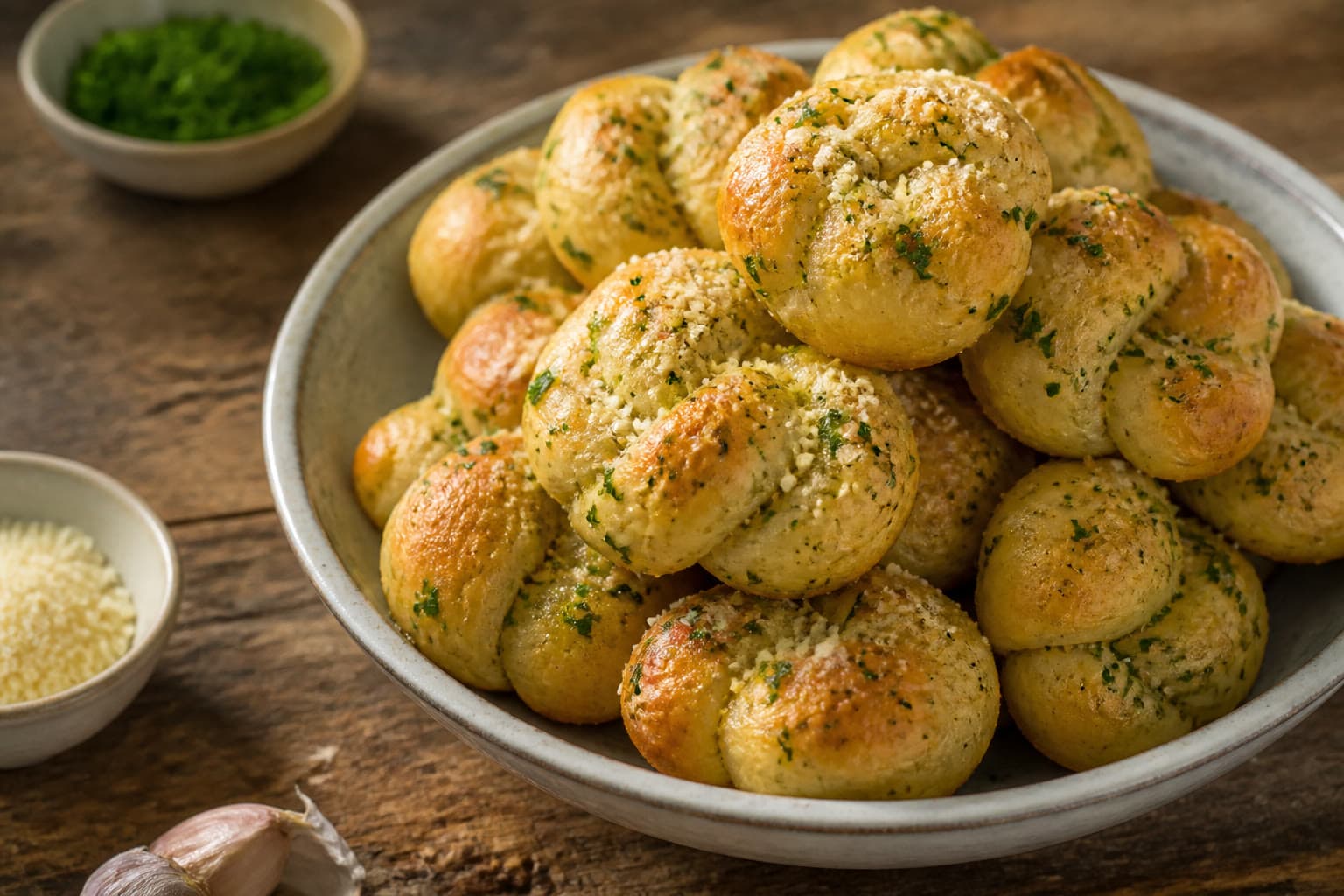 Pile of gluten-free sourdough garlic knots with parsley