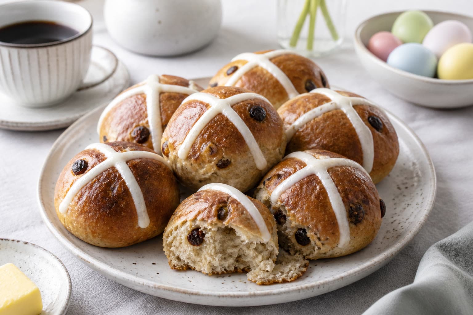 Gluten-free sourdough hot cross buns with rice-flour crosses and apricot glaze