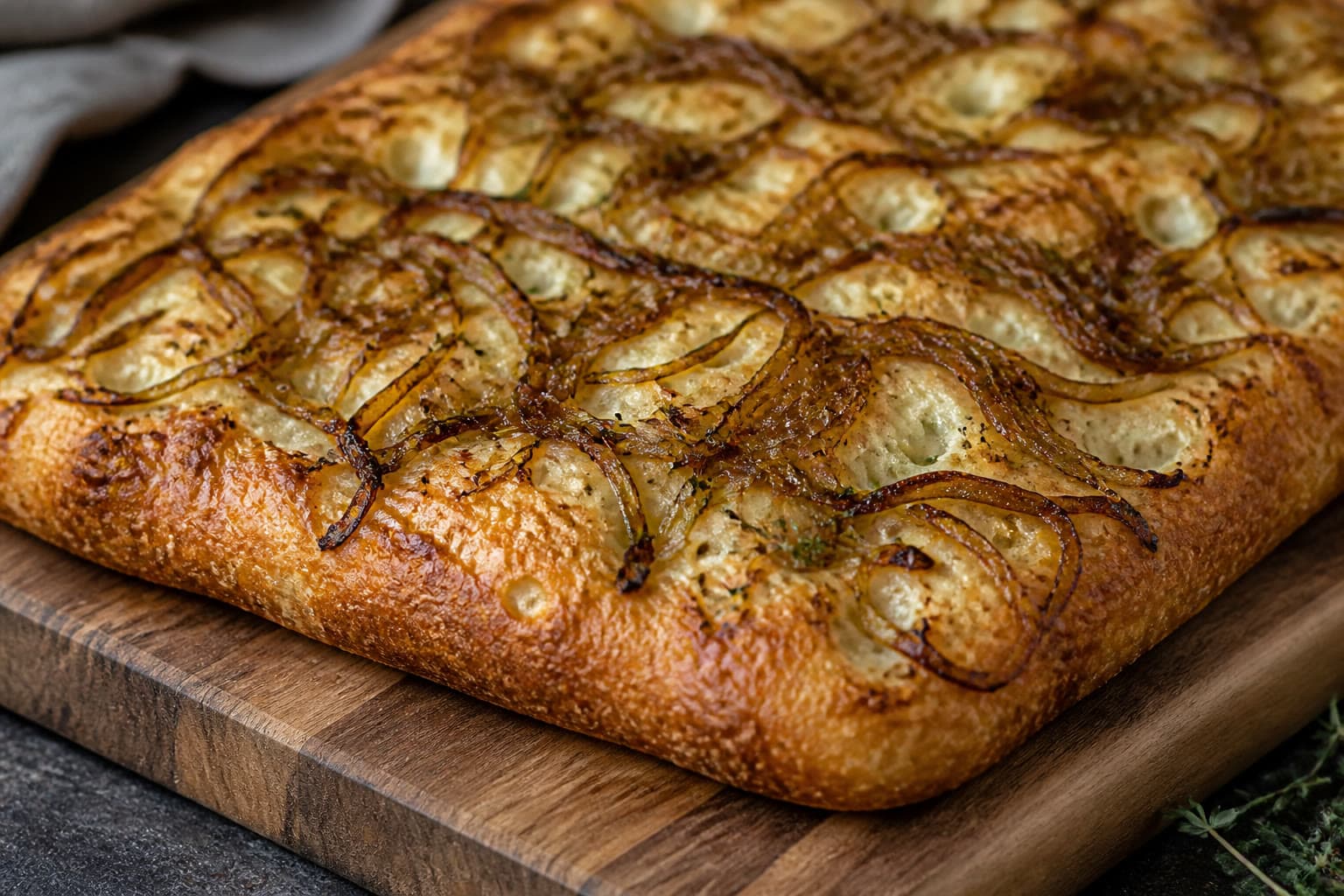 Gluten-free sourdough focaccia topped with deeply caramelized onions and thyme