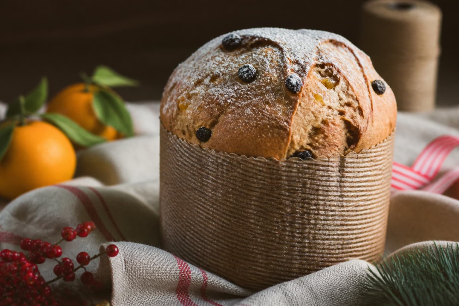 Tall gluten-free sourdough panettone with citrus peel and raisins