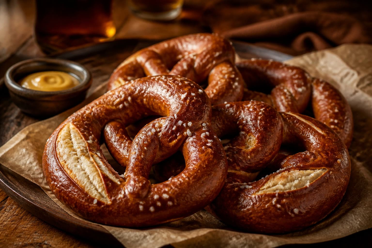 Deep mahogany gluten-free sourdough pretzel buns with coarse salt