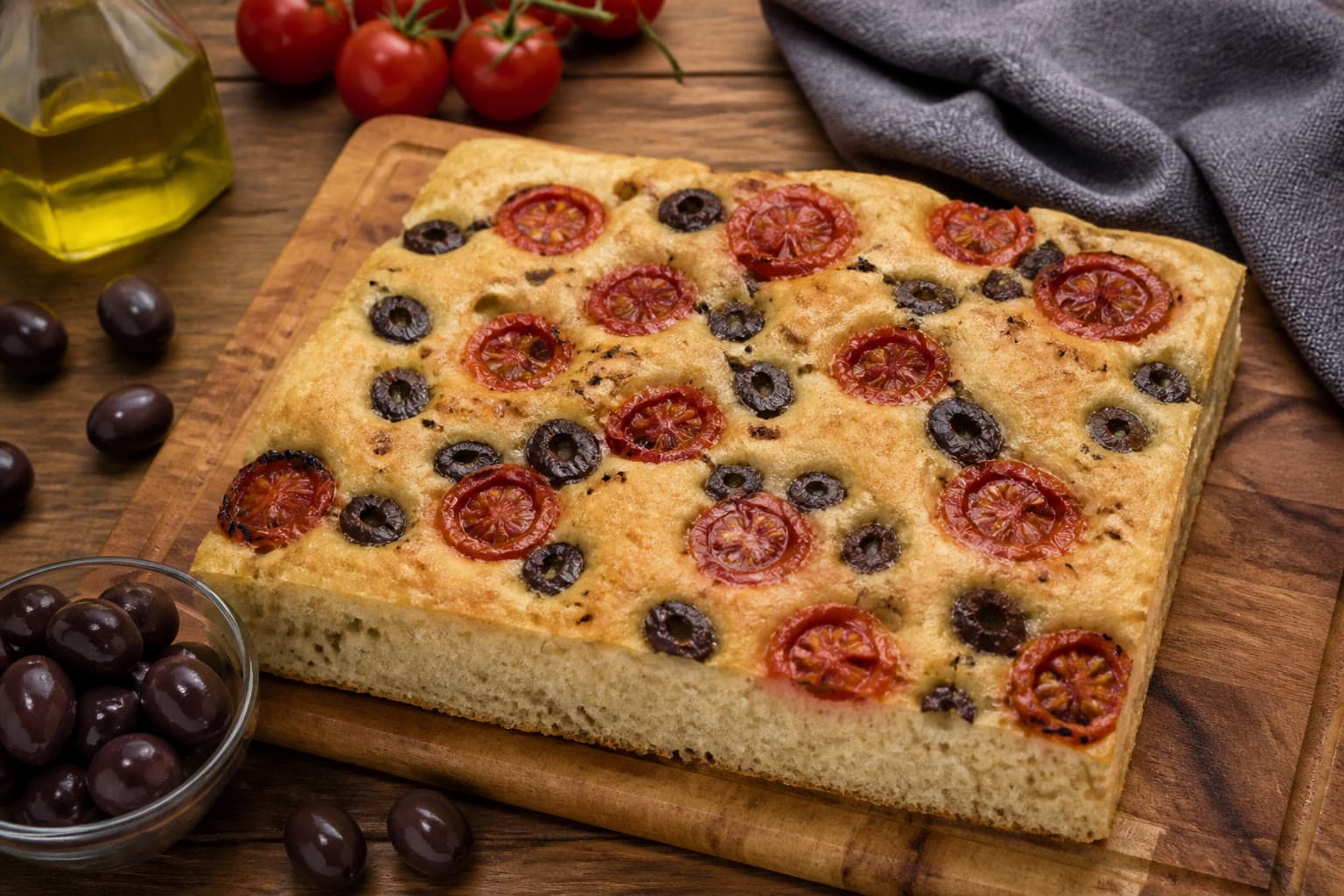 Gluten-free focaccia topped with roasted tomatoes and olives