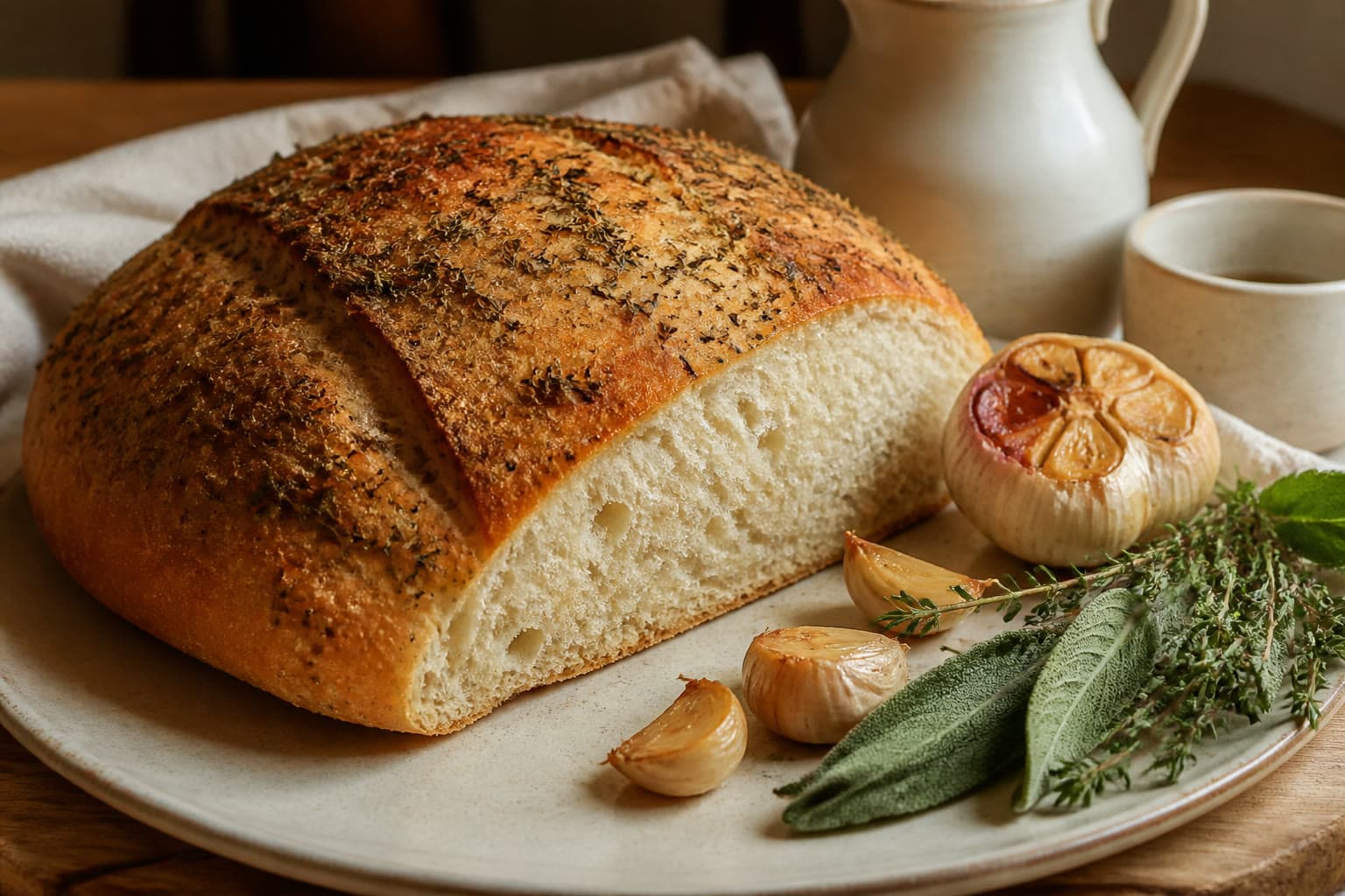 Gluten-free roasted garlic and herb sourdough boule with a golden crust